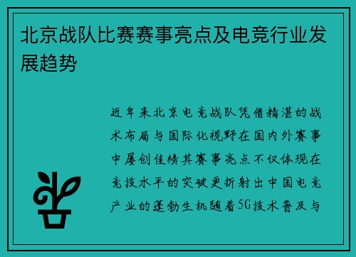 北京战队比赛赛事亮点及电竞行业发展趋势